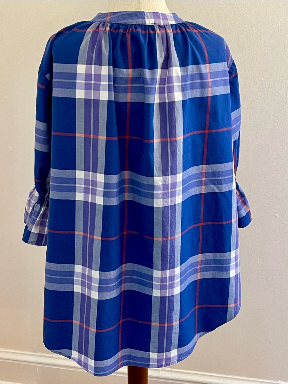 Harshman LA Blue Plaid 100% Cotton Popover Blouse Ruffle Sleeve M - Picture 4 of 7